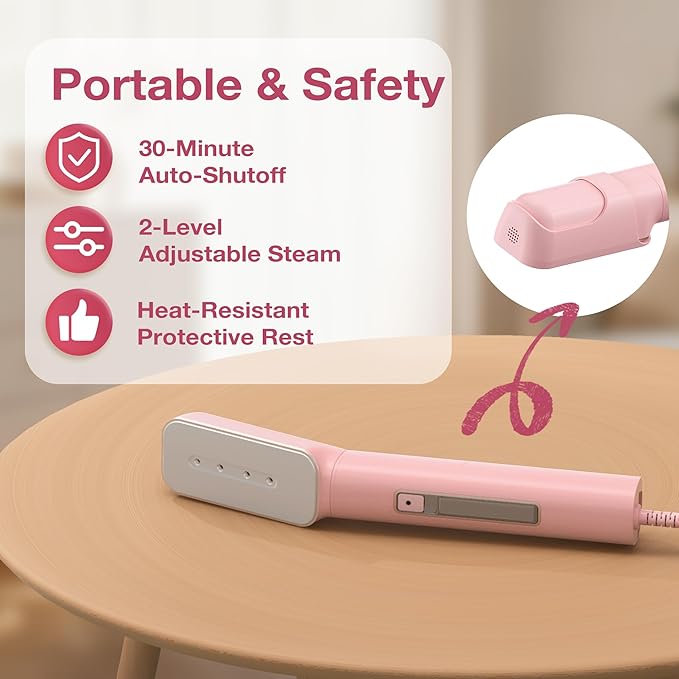 Newbealer 2in1 Travel Iron with Global Voltage, 100-240V Clothes Steamer, Dry Ironing & 2 Steam Levels, Non-Stick Ceramic Soleplate, Fabric Wrinkle Remover, Auto-off, Self Cleaning, No Clamp (Pink)