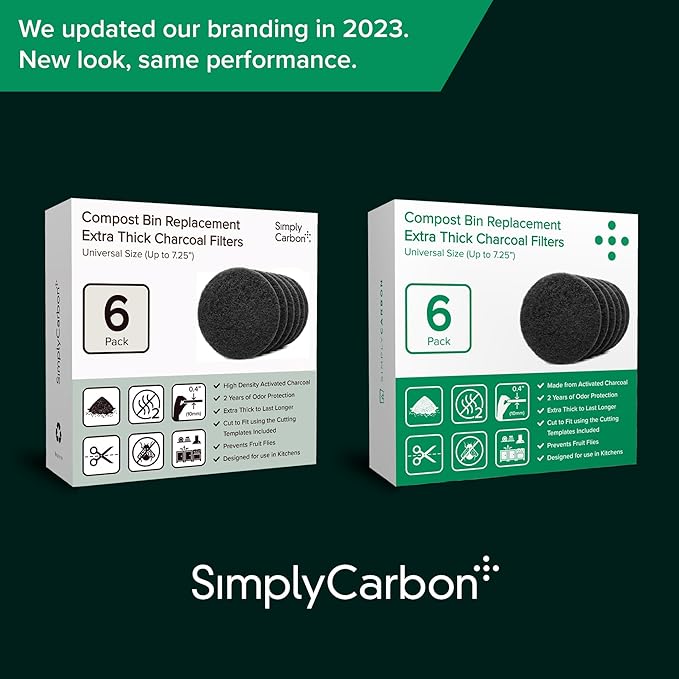 2 Years Supply Extra Thick Filters for Kitchen Compost Bins - Longer Lasting Activated Charcoal - Universal Size Fits ALL Compost Bins up to 7.25" Filter Size - Replacement Set of 6 (by Simply Carbon)