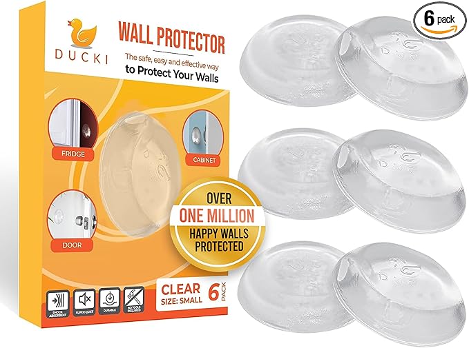 Ducki Door Stop Wall Protector | Self Adhesive Door Knob Wall Protectors from Door Knobs | Rubber Door Stoppers for Wall Damage & Noise | Durable, Shock Absorbent & Discreet | 6 Pack Clear Door Stops