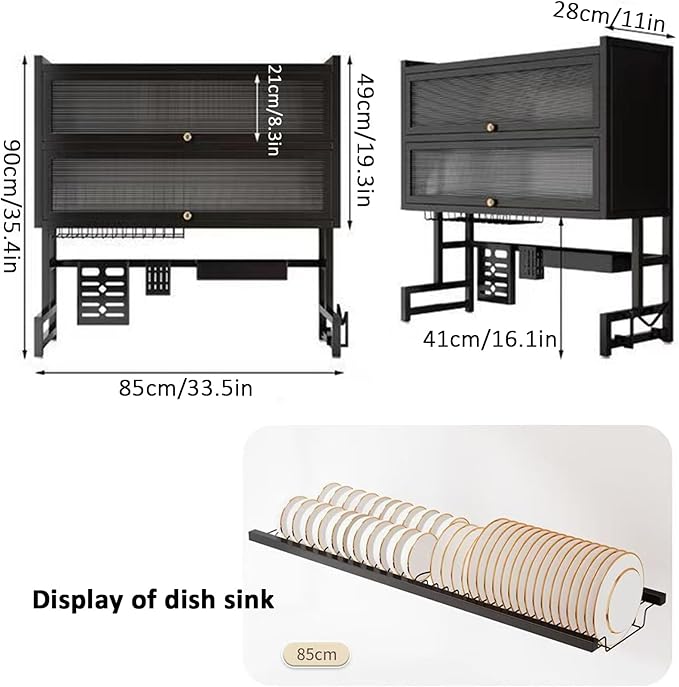 Dish Drying Rack 4 Tiers with Cover, Keep Kitchen Sink Shlef Organized Space-Saving Dish Drying Rack, for Dishes, Glasses, Bowls, Cutlery (black, W-33.5)