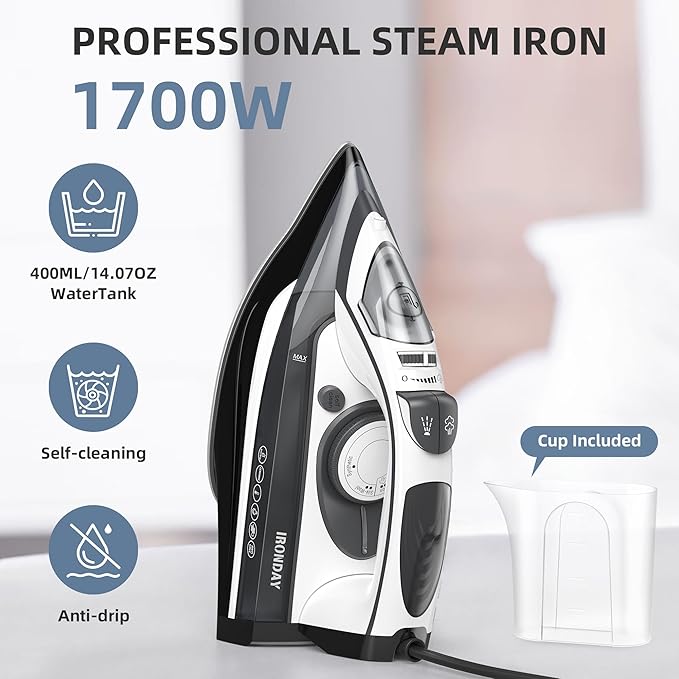 Steam Iron for Clothes Rapid Heating, 1700W Iron with Non-Stick Ceramic Soleplate, 3-Way Auto-Off, Burst of Steam, Self-Cleaning, 14.07oz Water Tank Ironing Clothes for Home, Grey