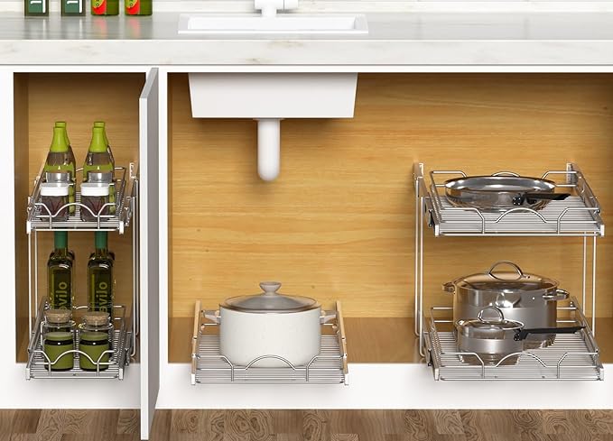 OCG Pull Out Cabinet Organizer (12" W x21 D), Pull out Shelves for Kitchen Cabinets, Slide Out Drawers for Base Cabinet Organization in Kitchen Bathroom Pantry, Bottom Mount, Chrome Finish