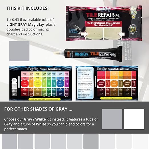 MagicEzy Tile RepairEzy - (Light Gray) Touch Up Paint Filler for Bathroom Tiles, Appliance, Furniture, Walls, Counter Tops - Glossy Finish