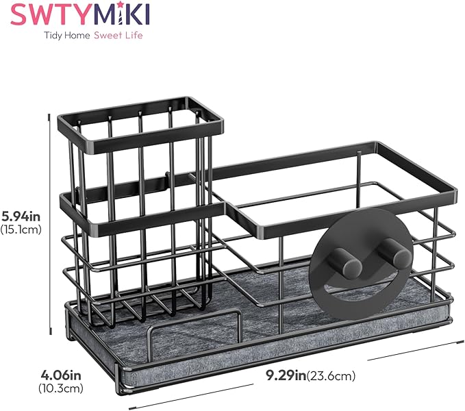 SWTYMIKI Kitchen Sink Caddy Organizer, Quick Dry Smiley Face Sponge Holder with Instant Drying Stone, Large Rustproof Sink Organizer for Kitchen Countertop Organization, Black