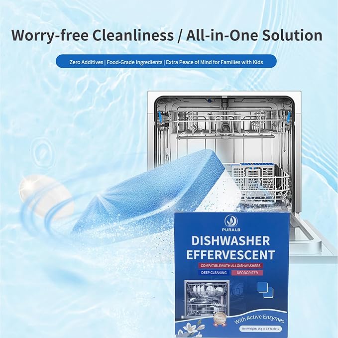 Dishwasher Cleaner Tablets - 24 Tabs (2x12 Pack), 1-Year Supply Heavy Duty Deodorizer Tabs for Deep Cleaning, Descaler Pods Remove Limescale & Grease, Septic Safe for All Dishwasher Brands - Puralb