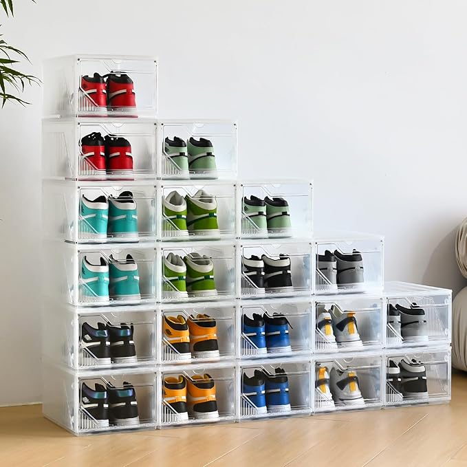 Modular XX-Large Shoe Organizer,6 Pack Shoe Storage Organizer Easy to Assemble,Shoe Box Clear Plastic Stackable,Drop Front Shoe Box with magnetic Door, Containers For Sneaker,Fit up to US Size 15