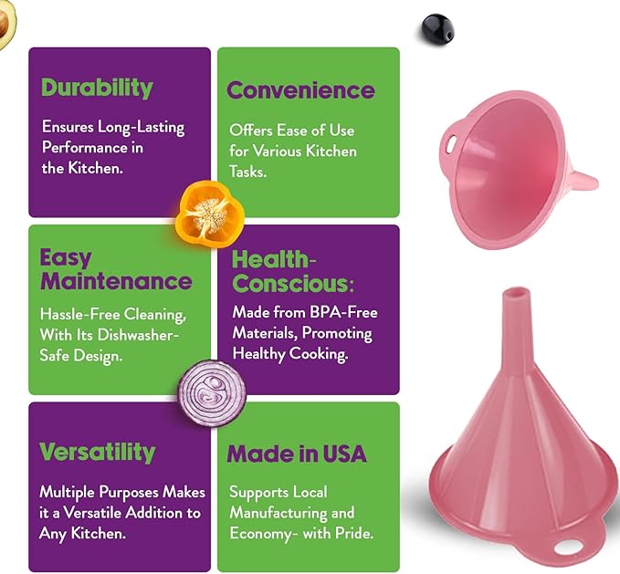 Crisp 2-Piece Funnel Set - All Purpose Funnels for Kitchen Use Filling Bottles - Durable & Dishwasher Safe Kitchen Funnel Set - Made in The USA - Pink