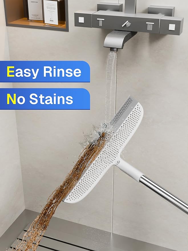 Floor Squeegee & Broom with Long Handle, 180° Rotating Head Silicone Blade Removes Water & Pet Hair | Squeegee for Tile, Shower Glass, Windows, Garage, Deck & Patio