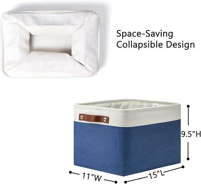 DULLEMELO Fabric Storage Basket for Closets,15x11x9.5 inch Foldable Storage Basket Bin with Handles for Office, Closet,Bedroom (White&Blue,1 Pack)