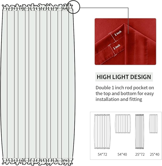 DWCN French Door Curtains – Rod Pocket Thermal Blackout Curtain for Doors with Glass Window, Christmas, Kitchen and Patio Doors for Privacy, 54 X 40 Inches Long, 1 Curtain Panel with Tieback, Red