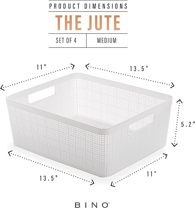 BINO | Woven Plastic Basket | Medium (White), 4-Pack | THE JUTE COLLECTION | Home Organization, Space - Saving Storage, Stylish Design | Jute Basket | Plastic Storage Basket