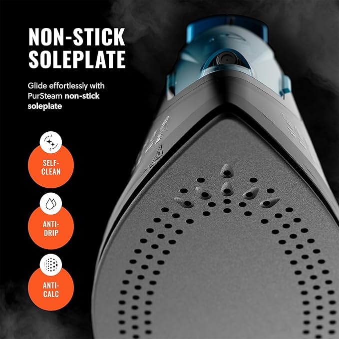 PurSteam Professional 1250W Steam Iron | Powerful Steamer with Burst of Steam & Spray | Non-Stick Soleplate, Easy Temperature Control & Auto Shut-Off
