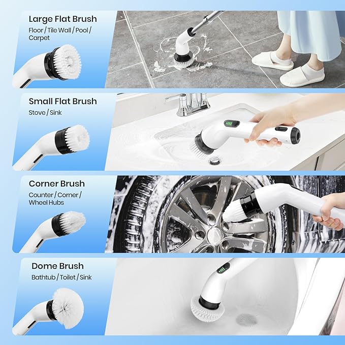 Electric Spin Scrubber, Full-Body IPX7 Waterproof Cordless Shower Scrubber with 4 Replaceable Heads, Upgraded Extension Handle, 2H Work Time, 2 Speeds for Bathroom Shower Tile Glass