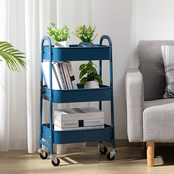 AGTEK Makeup Cart, Movable Rolling Organizer Cart, 3 Tier Metal Utility Cart,Navy Blue