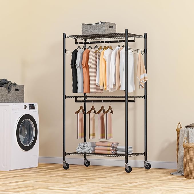 Homdox Heavy Duty Clothing Rack with 3 Tier Adjustable Wire Shelves, Garment Racks for Hanging Clothes, Double Rods Clothing Rack, Freestanding Closet Wardrobe with Side Hooks, Black