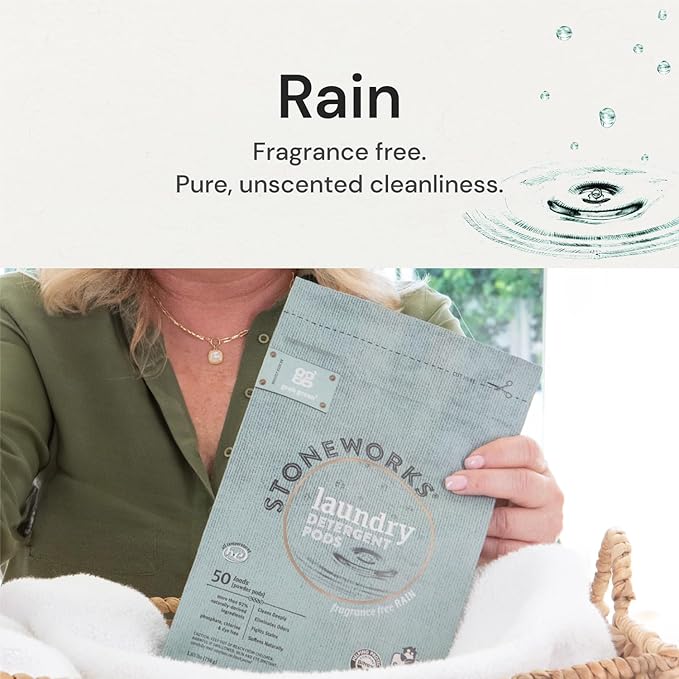 Grab Green Stoneworks Laundry Detergent Pods and Dryer Sheet Bundle, 50 Count Pods and 80 Dryer Sheets, Fragrance Free Rain Scent, Plant and Mineral Based Laundry Care Set