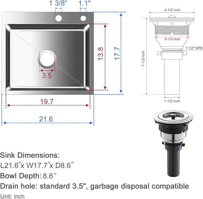 21.6x17.7 inch Drop in Kitchen Sink, Handmade 304 Stainless Steel Sink with 2 Holes, 8.6" Deep Single Bowl, R10 Tight Radius, Topmount Kitchen Sink with Basket Strainer Drain, Brushed