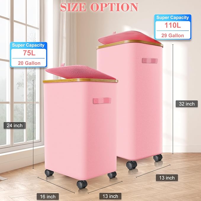 Laundry Hamper with Wheels,29 Gal (110L) Laundry Basket with lid Rolling Clothes Hamper Foldable Dirty Clothes Basket on wheels with Bamboo Frame and Bag for Bedroom, Dorm, Laundry Room-Pink