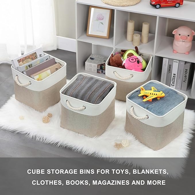 Mangata Canvas Storage Boxes, 11.8 Inch Cube Storage Bins Set of 6 for 12 Inch Cabinets, Fabric Baskets with Cotton Rope Handle for Organizing Clothes Nursery Home (Khaki/White)