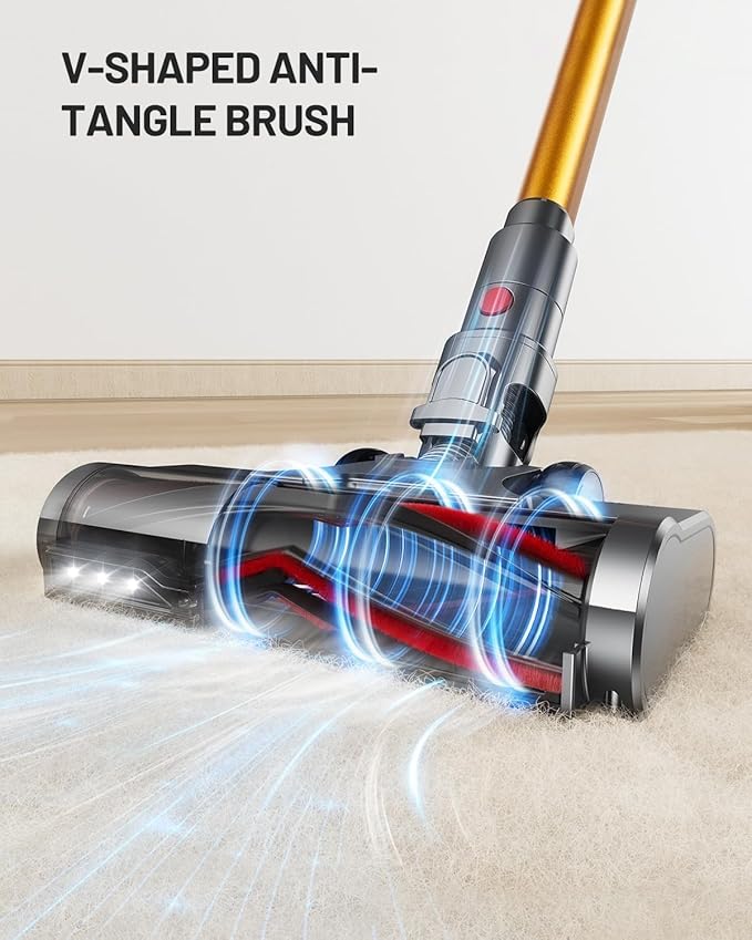 Cordless Vacuum Cleaner, 580W 48KPA 70Mins Vacuum Cleaners for Home, Self-Standing Stick Vacuum with Aromatherapy & LED Display Screen, Stick Vacuum Cordless Rechargeable for Pet Hair/Carpets (Gold)