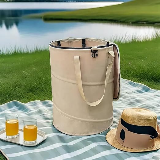 Collapsible Trash Can with Lid, Foldable Camping Trash Can, Outdoor Recycle Bin for Clothes and Toys, Thickened, Sturdy, Durable, with Attached Hook (Coffee)