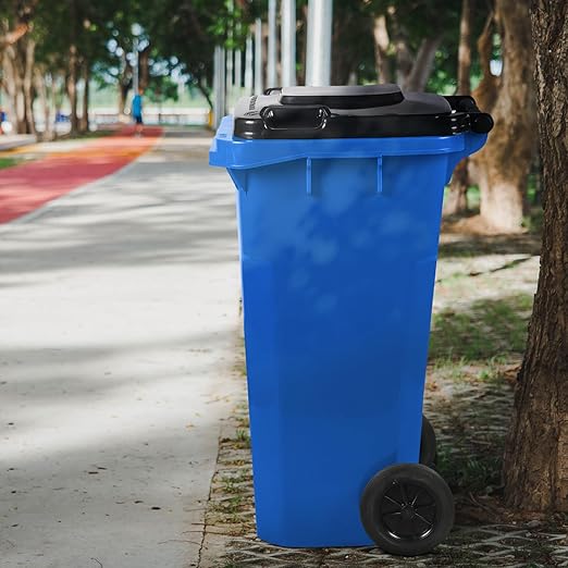 32 Gallon Trash Can Outdoor Recycling Bin with Lid and Wheels Heavy Duty Rolling Garbage Can with Lid Blue Recycle Bin with Wheels for Warehouses Hospitals Restaurants Offices
