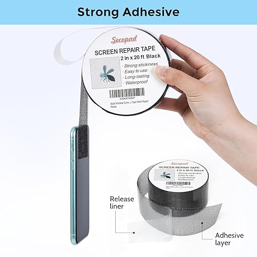 Black Window Screen Repair Tape, 2IN X 20FT Screen Repair Kit for Windows or Doors, Strong Adhesive Fiberglass Mesh Patch Tape