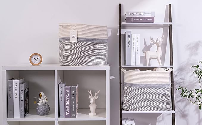 Medium and Large Woven Basket//With Handle, Used for Toys and Fabric Storage Basket used for Storing xl Storage Box, Decorative Storage Box Room 2pack (14L*12H YWhite/Gray, 14L*10W*12H)