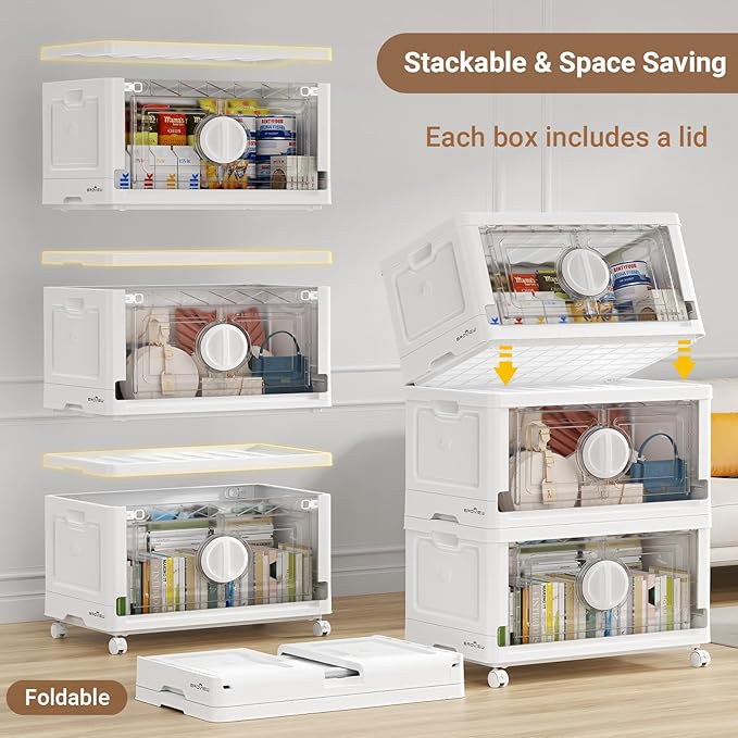 BROVIEW 480Qt Lockable Stackable Storage Bins with Lids, Closet Organizers and Storage Drawer, Collapsible Storage Bin with Wheels, Plastic Cabinet for Toy Clothes Dorm Organizer, V9 4 Pack White