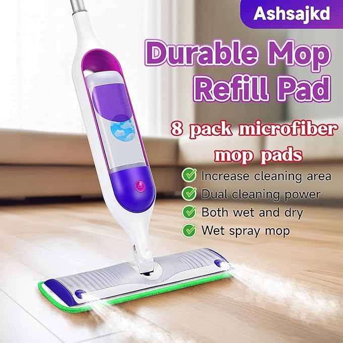 8 Pack Reusable Mop Pads Compatible for Swiffer PowerMop,Microfiber Mop Pads for 13-15'' Spray Mop, Floor Mop Pads Refills for Swiffer, Machine Wash,Green(Not Included Mop)