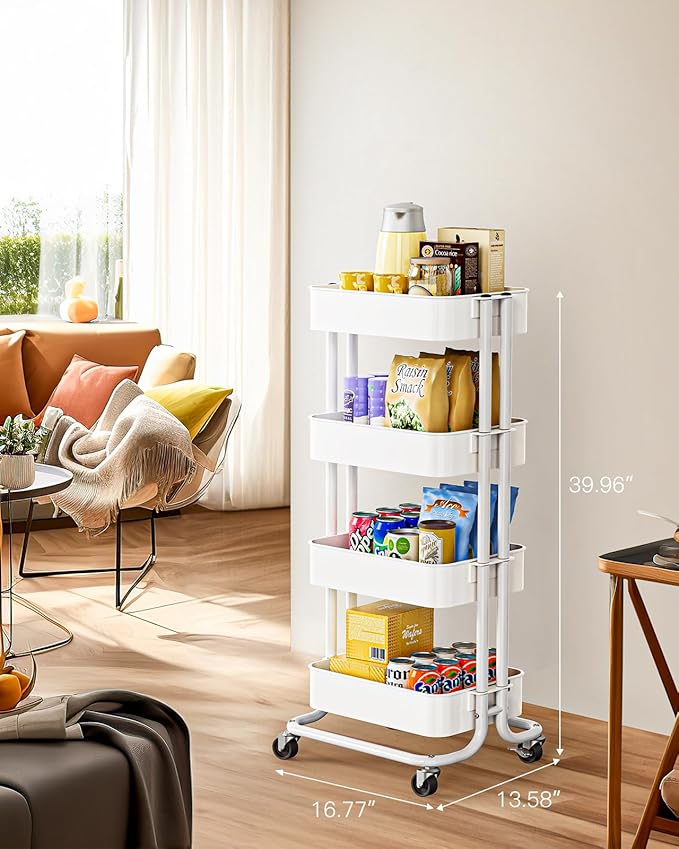 Pipishell 4 Tier Metal Rolling Utility Cart, Heavy-Duty Storage Rolling Cart with 2 Lockable Wheels, Multifunctional Mesh Organization Utility Cart for Kitchen Dining Room Living Room, PIUC13W