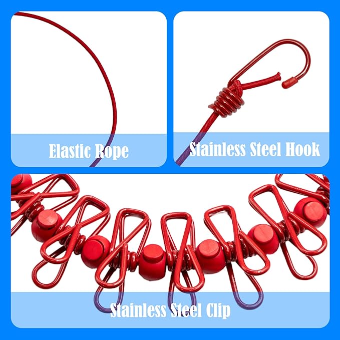 2 Pack Camping Clothesline Portable 12 Clothespins, Red Camping Accessories Travel Clothesline for Outdoor Indoor, Retractable Clothes Line Elastic Clothesline for Camper Hotel Room
