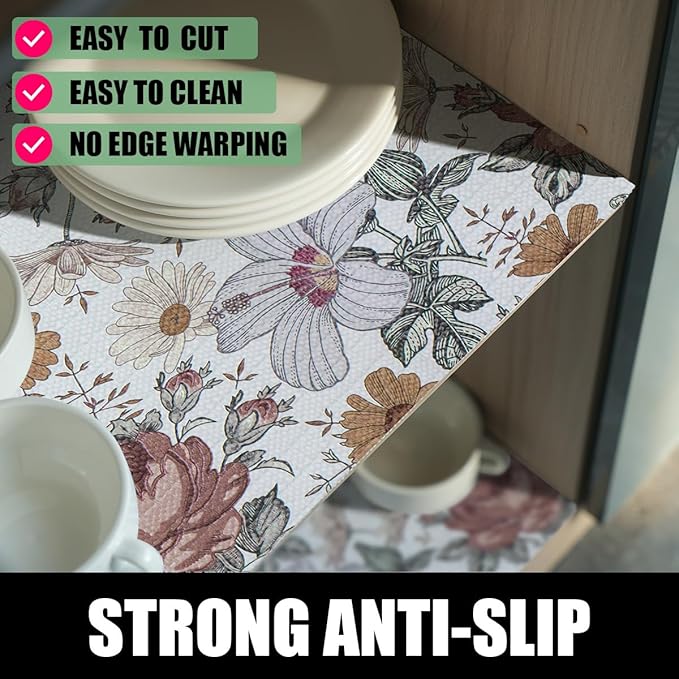 Floral Drawer Shelf Liners, 16IN x 10FT Non Adhesive and Strong Non-Slip Cabinet Drawer Shelf Liners for Kitchen Wire Fridge, Waterproof Shelf Liner,Easy to Clean