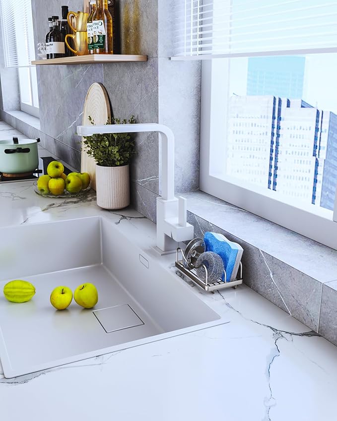 Consumest Sponge Holder for Kitchen Sink - Movable Sink Caddy for Countertop Organizer, 304 Stainless Steel Sponge Holder with Detachable Drip Tray for Kitchen Accessories, Sand Nickel