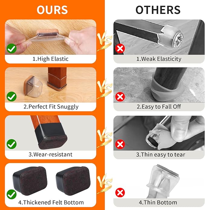 Ezprotekt 16 Pcs Rectangle Black Silicone Chair Leg Floor Protectors, Rectangle Felt Chair Leg Caps, Furniture Leg Covers Cups for Chair Table Desk, Anti- Scratches (Fit L :1.3-1.7", W: 0.6-0.9")
