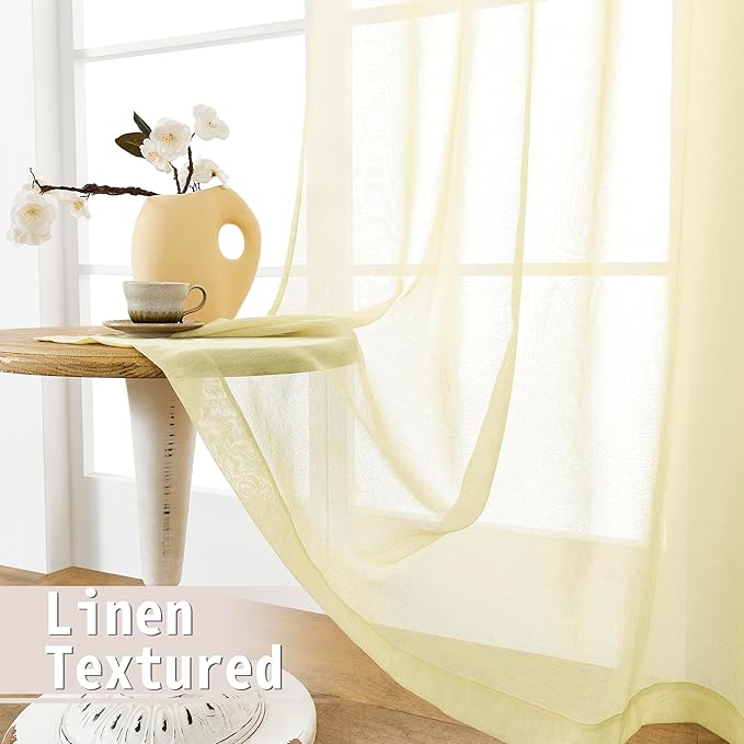 Tollpiz Sheer Door Curtains Closet Linen Textured Curtain Sheers Doorway Light Filtering Voile French Door Rod Pocket Curtains Patio Door, 54 x 63 inches Long, Transparent Yellow, Set of 1 Panel