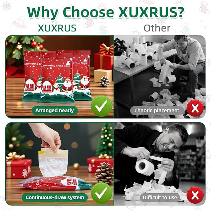 XUXRUS Small Christmas Trash Bags, 3 Gallon Christmas Garbage Bags 50 Count, Holiday Trash Bags, Festive Gold Printed Drawstring Garbage Bags for Kitchen & Bathroom, Holiday Supplies