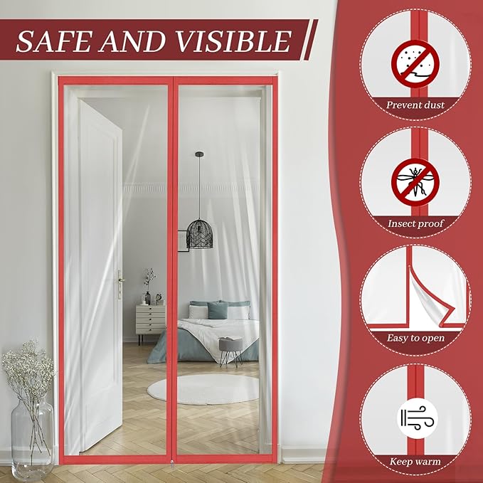 Amylove Zipper 60 x 102 Inch Dust Barrier Kit Red Edged Temporary Construction Door Barrier 5 x 8.5 ft Reusable Plastic Curtain Cover Containment Doorway Wall Screen Sheeting for Bathroom Hallway