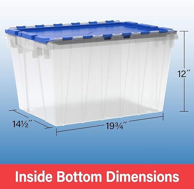 Akro-Mils KeepBox 12 Gallon Storage Container, Nesting and Stackable Plastic Storage Box with Lid Attached, Clear Tote for Garages, Closets, and Moving, 21-1/2" x 15" x 12-1/2", Red/Green