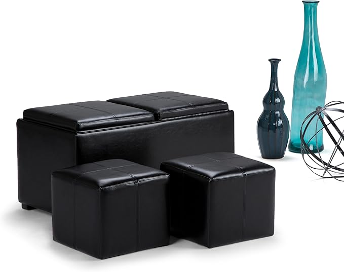 SIMPLIHOME Avalon 35 inch Wide Contemporary Rectangle 5 Pc Storage Ottoman in Midnight Black Vegan Faux Leather, Assembled, for the Living Room, Entryway and Family Room