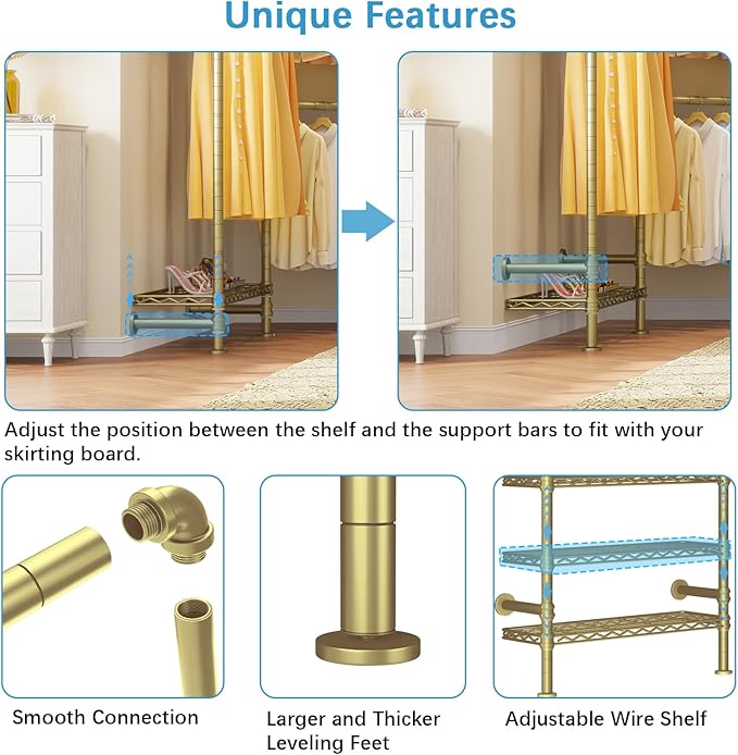 Timate F3 Garment Rack Heavy Duty Clothes Rack for Hanging Clothes, Expandable Industrial Pipe Wall Mounted Clothing Rack, Adjustable Storage Closet Wardrobe Closet Kit Walk in Closet Systems, Gold