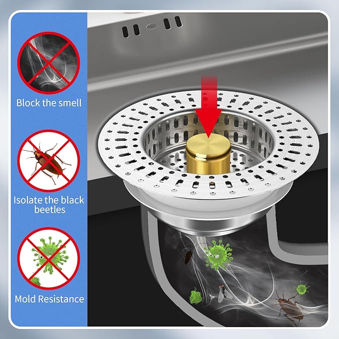 Upgraded 3 in 1 Kitchen Sink Drain Strainer - Stainless Steel Sink Stopper, Anti-Clogging Sink Food Catcher Basket, Fast Drainage Odor Filter Sink Plug(golden-2pcs)
