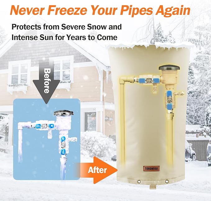 Backflow Preventer Pipe Insulation Cover (5°F) - Irrigation Sprinkler Valve Insulated Pouch - Water Well Pump Cover - Sturdy 5 Layers for Winter Freeze Protection, 16" W x 26" H, Beige
