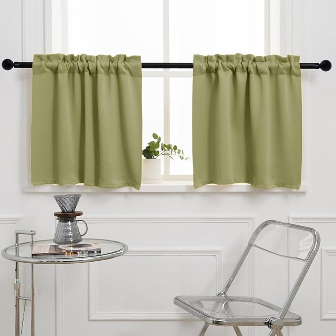 Pickluc Cafe Curtain (Half Window Curtain) 24 Inches Length, Rod Pocket Kitchen Curtain, Short Blackout Curtain for Small Window, 30" Wide and 24" Long, Sage Green, 2 Panels