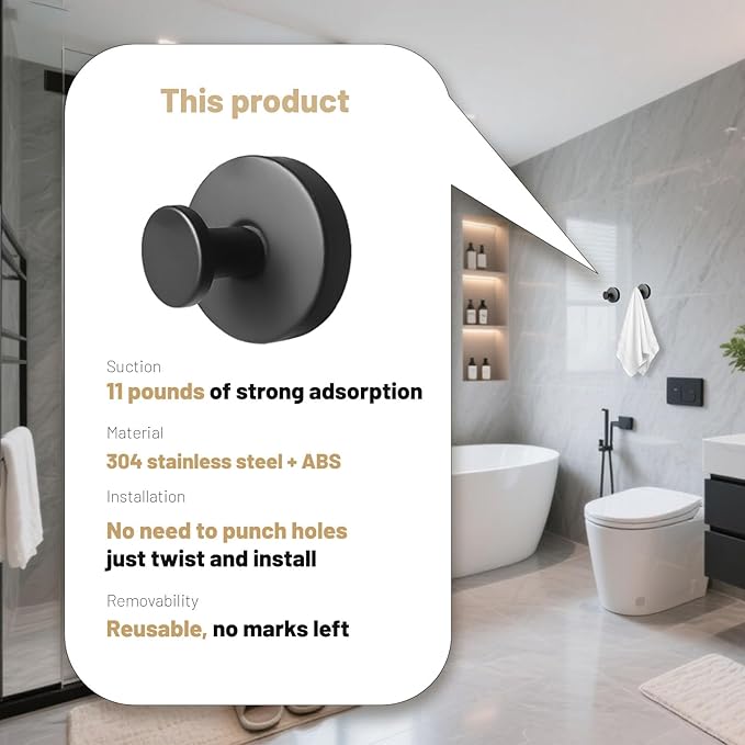 4 Pcs Suction Cup Hooks for Shower，Removable Hooks，Towel Hook，Suction Hook for Bathroom, Bedroom, Glass Window (Black)