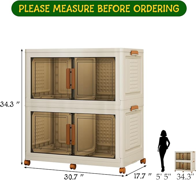 2 Tier Extra Large Stackable Storage Bins with 1 Lid 155 QT/Tier, Collapsible Plastic Box Storage with Wheels, Home Containers Boxes Closet Organizers for Living Room, Office, Dorm
