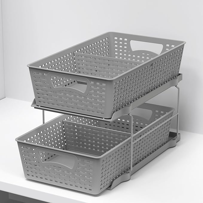 Simple Houseware 2 Tier Bathroom Organizer Tray Pull-Out Sliding Drawer/Under-Sink Storage, Grey