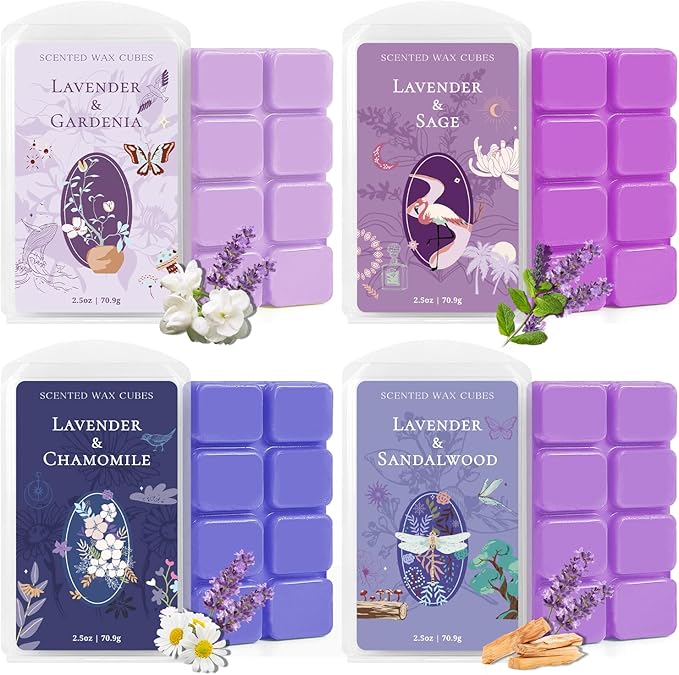 SCENTORINI Wax Melts, Wax Cubes Strong Scent, Long Lasting Lavender Scented for Sleep, Wax Melts for Warmer, 2.5 oz 4-Pack - Lavender & Gardenia, Sage, Chamomile, Sandalwood