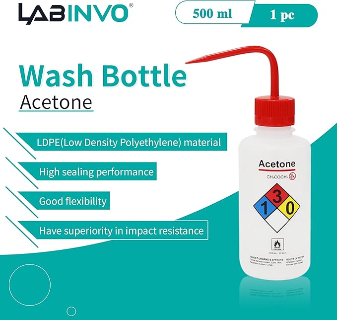 Acetone Wash Bottle, 1PC of Vol.500ml (17oz), Narrow Mouth, Self-Venting Safety Wash Bottle, LDPE Material, IN-WBA501