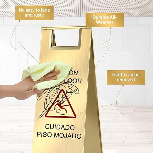 Kigley 2 Pcs Wet Floor Sign, 24 Inch Stainless Steel Caution Wet Floor Sign Double Sided Portable Foldable Bilingual Safety Warning for Hotel Market Restroom Restaurant Office (Gold)